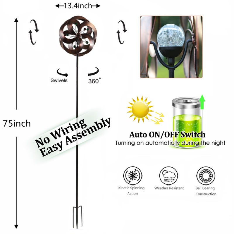 HDNICEZM Solar Wind Spinner Improved 360 Degrees Swivel Multi-Color LED Lighting Glass Ball with Kinetic Wind Spinner Vertical Metal Sculpture Stake Construction for Outdoor Yard Lawn & Garden. - Image 2